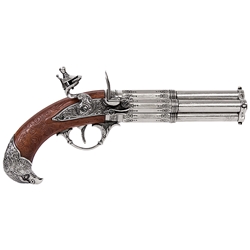 18th Century 4-Barrel Flintlock Pistol – Antique Gray - Faux Wood Grip