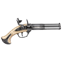 18th Century 3-Barrel Flintlock Pistol – Antique Gray Finish with Mock Ivory Grip