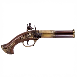 18th Century 3-Barrel Flintlock Pistol – Brass Finish - Wood Grip
