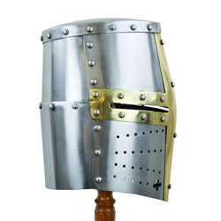 14th Century Crusader Great Helm with Brass Cross – 16 Ga Steel Helmet - Medium